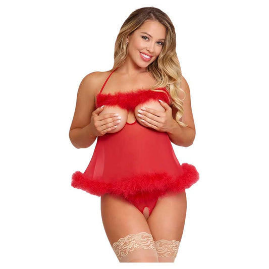 Exposed Marabou Cupless & Crotchless Baby Doll Set