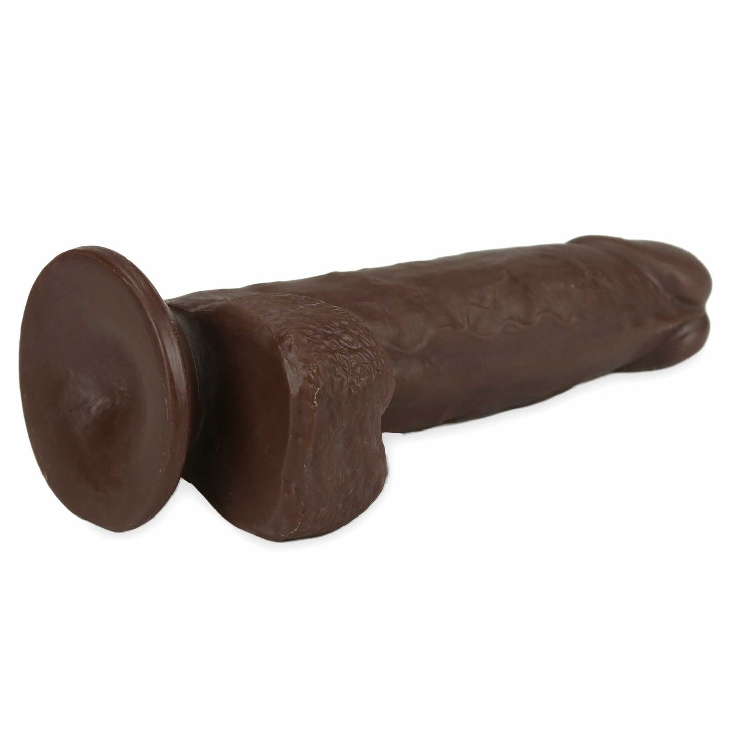 back view of the get lucky real skin suction cup dildo luck dark brown 7.5in