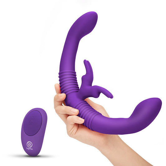 whole view of the together couples' double-ended responsive vibrator with remote control couples purple