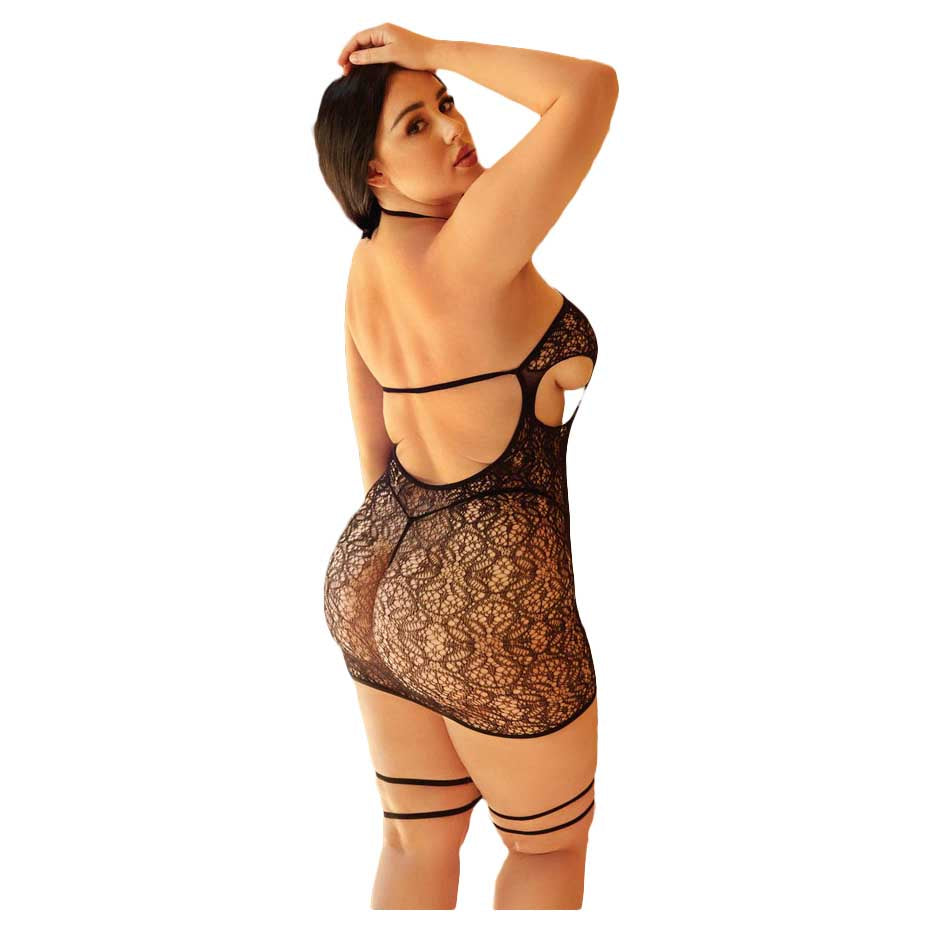 Killer Legs Choker Ring Linked Cut-Out Bodystocking Dress With Attached Garter Straps and Thong