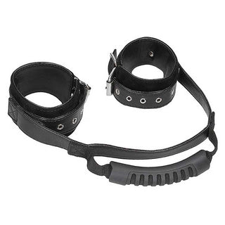 Ouch! Black & White Bonded Leather Hand Cuffs With Handle