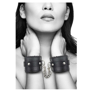 Ouch! Black & White Plush Bonded Leather Hand Cuffs