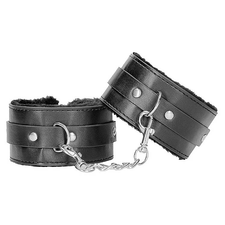 Ouch! Black & White Plush Bonded Leather Ankle Cuffs