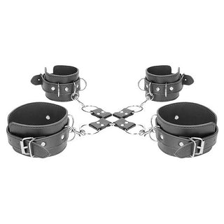 Ouch! Black & White Bonded Leather Hogtie With Hand and Ankle Cuffs