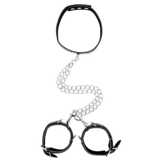 Ouch! Black & White Bonded Leather Collar With Hand Cuffs