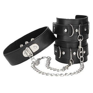 Ouch! Black & White Bonded Leather Collar With Hand Cuffs