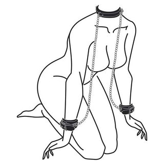 Ouch! Black & White Bonded Leather Collar With Hand Cuffs