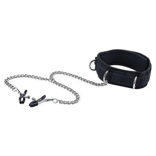 Ouch! Black & White Velcro Collar With Nipple Clamps
