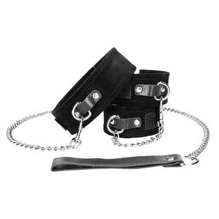 Ouch! Black & White Velcro Collar With Leash And Hand Cuffs
