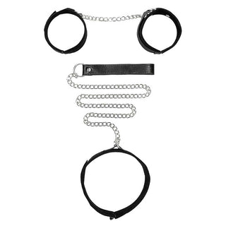 Ouch! Black & White Velcro Collar With Leash And Hand Cuffs