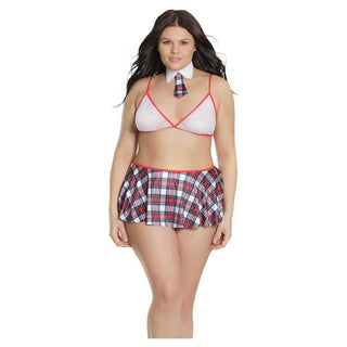 Coquette School Girl Fishnet Bralette with Plaid Knit Skirt and Collar