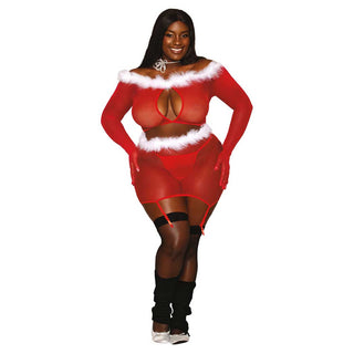 Dreamgirl Seamless Fishnet and Feather Trim Santa Two-piece Garter Set