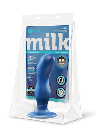B-Vibe Milk Curved Anal Trainer with Tapered Tip and Suction Cup - Blue - 8.5in