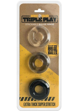 Boneyard Triple Play Stackable Bulge Cock Rings - Assorted Colors/Black - Set Of 3