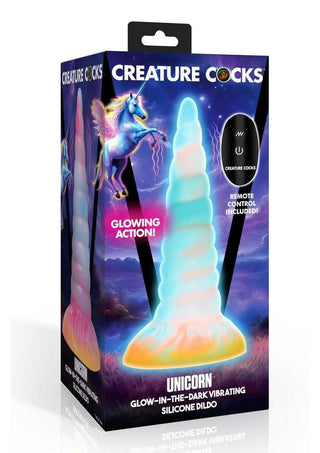 Creature Cocks Unicorn Glow In The Dark Vibrating Rechargeable Silicone Dildo - Glow In The Dark/Multicolor