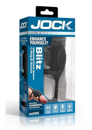 Jock Blitz Vibrating Penis Sleeve Rechargeable Silicone Cock Ring with Remote Control - Black