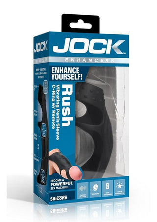 Jock Rush Vibrating Penis Sleeve Rechargeable Silicone Cock Ring with Remote Control - Black