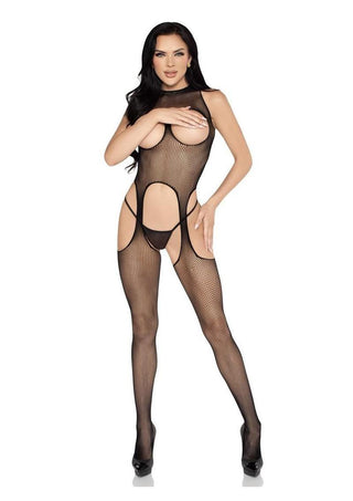Leg Avenue Circle Net Cupless Suspender Lingerie Jumpsuit and Matching Panty