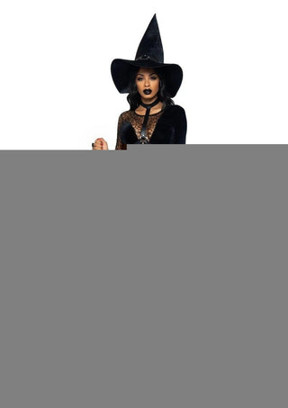 Leg Avenue Crafty Witch Snap Crotch Velvet Bodysuit with Distressed Net and Attached Garter, Choker Body Harness, and Matching Velvet Witch Hat