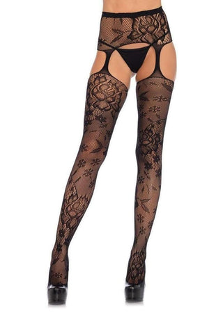 Leg Avenue Floral Lace Stockings with Attached High Waist Garter Belt - Black - One Size