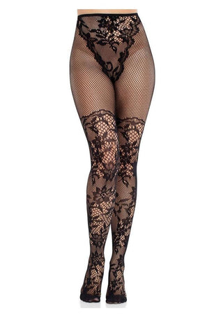 Leg Avenue French Cut Dahlia Lace Tights with Net Thigh Detail