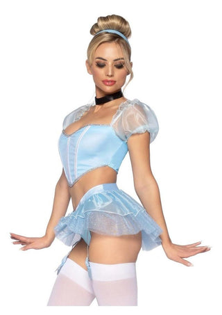 Leg Avenue Glass Slipper Cinderella Boned Sweetheart Crop Top with Organza Sleeves, Garter Panty with Shimmer Sheer Skirt, Ribbon Choker, and Matching Hair Band - Blue - Small - 4 Piece
