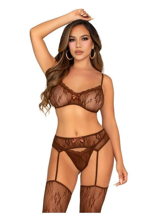 Leg Avenue Lace Bra Top with Mini Bow Detail, V-Front G-String, and Garter Belt Stockings - Cocoa - One Size