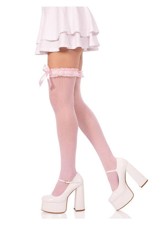 Leg Avenue Lace Garter Sheer Striped Thigh Highs with Satin Bow Accent - Light Pink - One Size