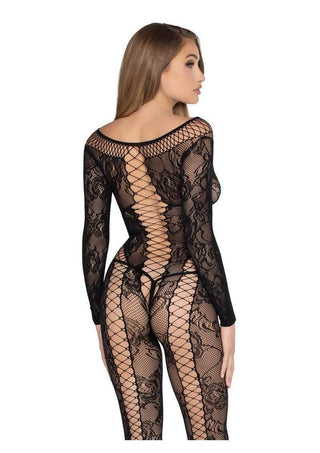 Leg Avenue Net and Lace Crotchless Lingerie Jumpsuit - Black - One Size