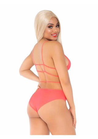 Leg Avenue Opaque Cage Strap Bra Top and Strappy Brazilian Briefs - Orange - One Size
