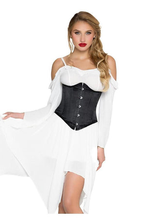 Leg Avenue Steel Boned Satin Waist Cincher with Full Busk Closer and Lace-Up Back - X - Black - Large