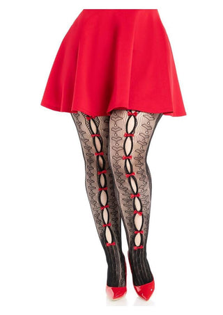 Leg Avenue Sweetheart Striped Net Tights with Keyhole - 1x-2x - Black/Red