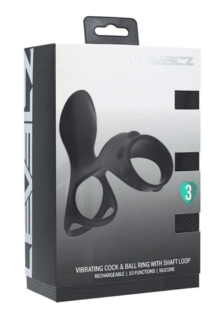 Levelz Vibrating Silicone Rechargeable Cock and Ball Ring with Shaft Loop - Black