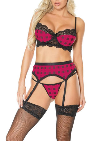 Pink Pussycat Plaid Bra, Garter Belt and G-String - Black/Pink - Medium