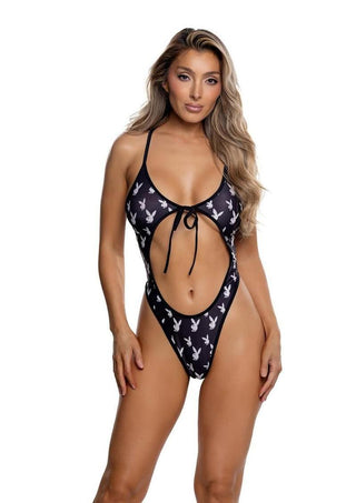 Playboy Playdate Bunny Halter Teddy - Black/White - One Size