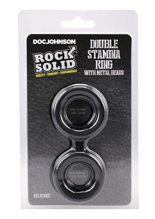 Rock Solid Silicone Double Stamina Cock Ring with Metal Beads - Black