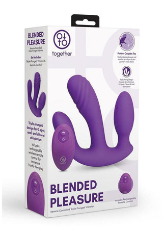 Together Blended Pleasure Rechargeable Silicone Triple Pronged Vibrator with Remote Control - Purple