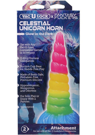 Vac-U-Lock Fantasy Fuckers Celestial Unicorn Horn Glow In The Dark Silicone Dildo - Glow In The Dark/Multicolor
