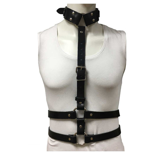 Rouge Leather Female Body Harness With Choker