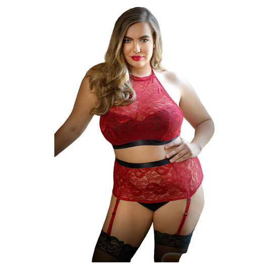 Fantasy Curve Aria Halter Top Crotchless High Waist Panty Red Q