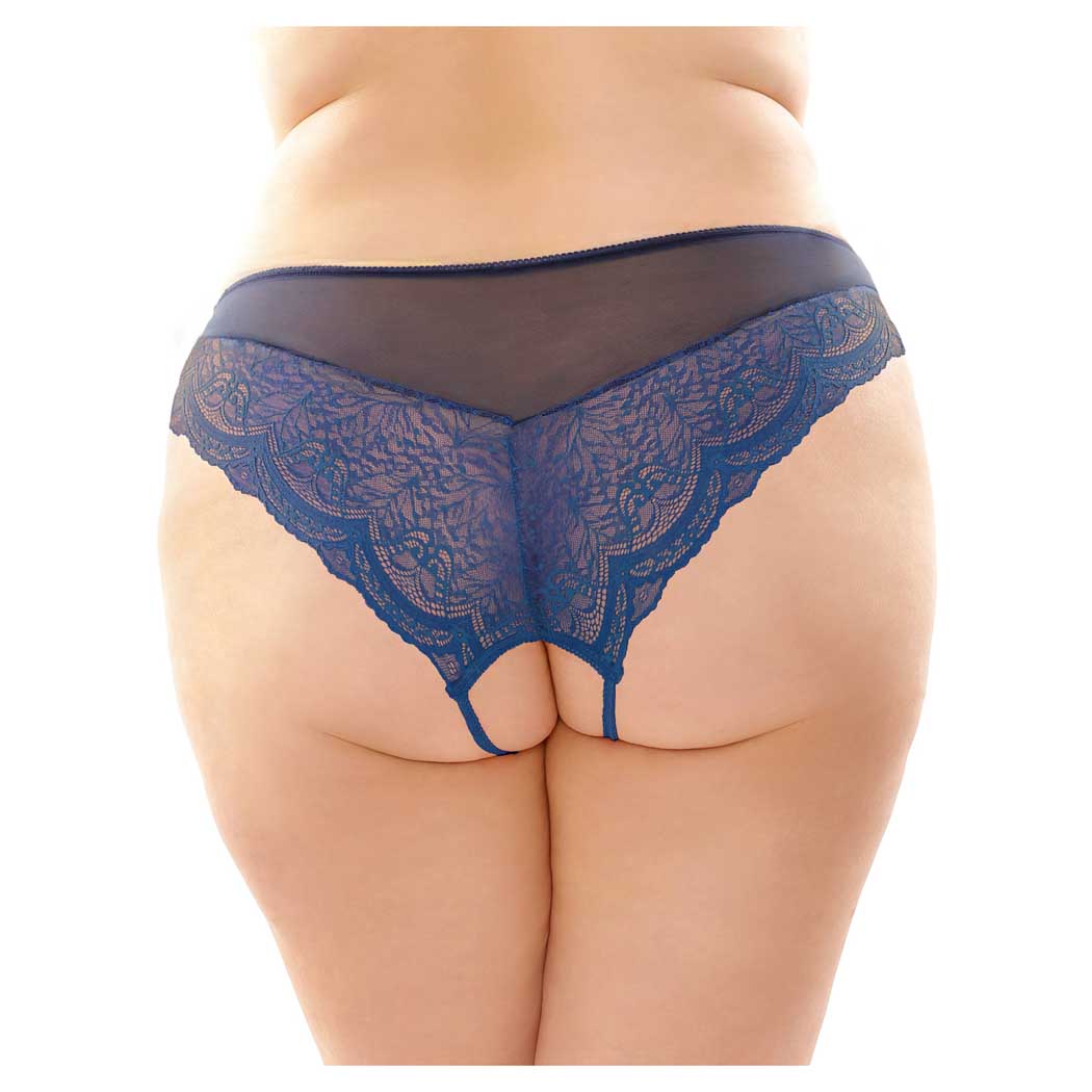Fantasy Bottoms Up Cassia Crotchless Lace Mesh Panty Navy Q