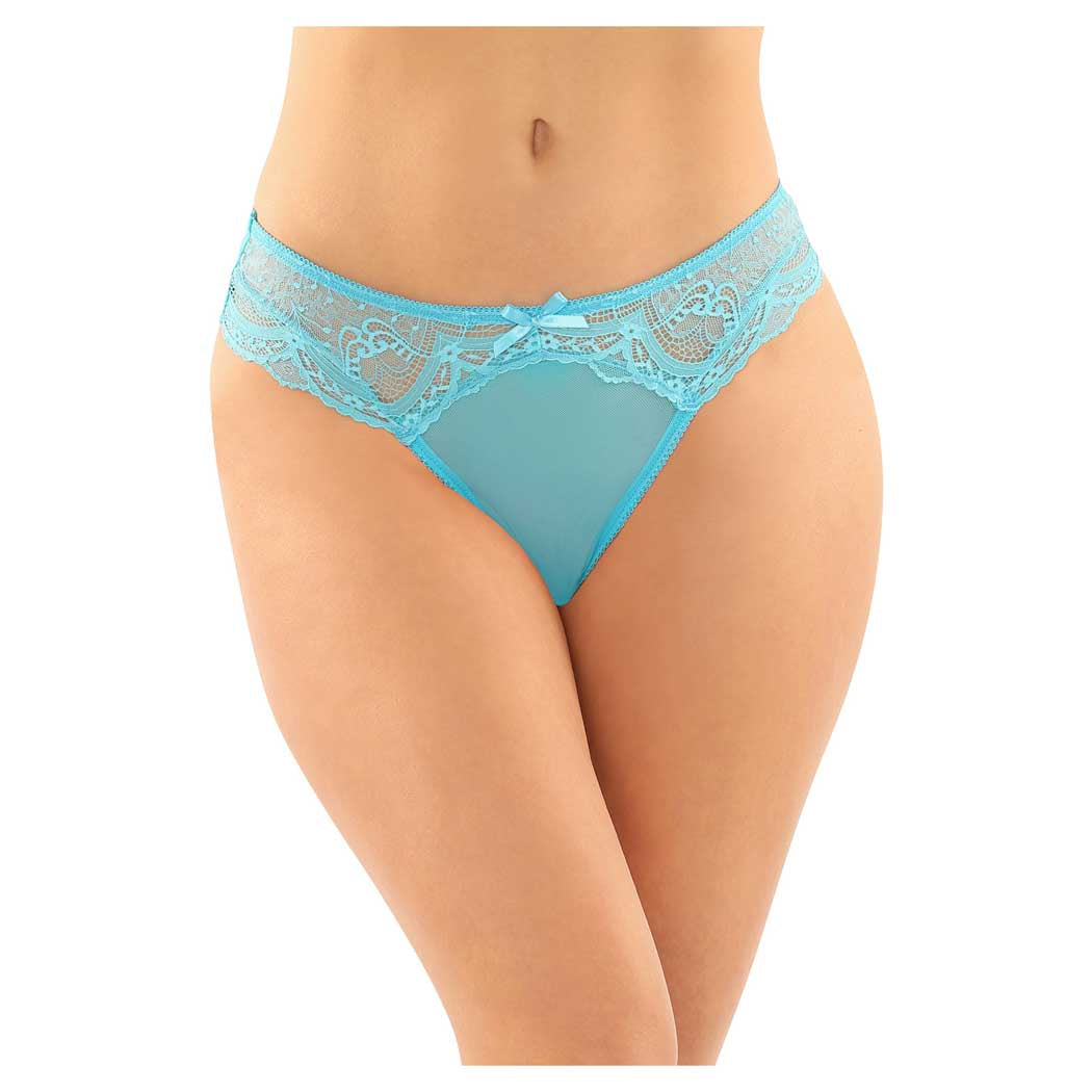 Fantasy Bottoms Up Cassia Crotchless Lace Mesh Panty Turquoise Sm