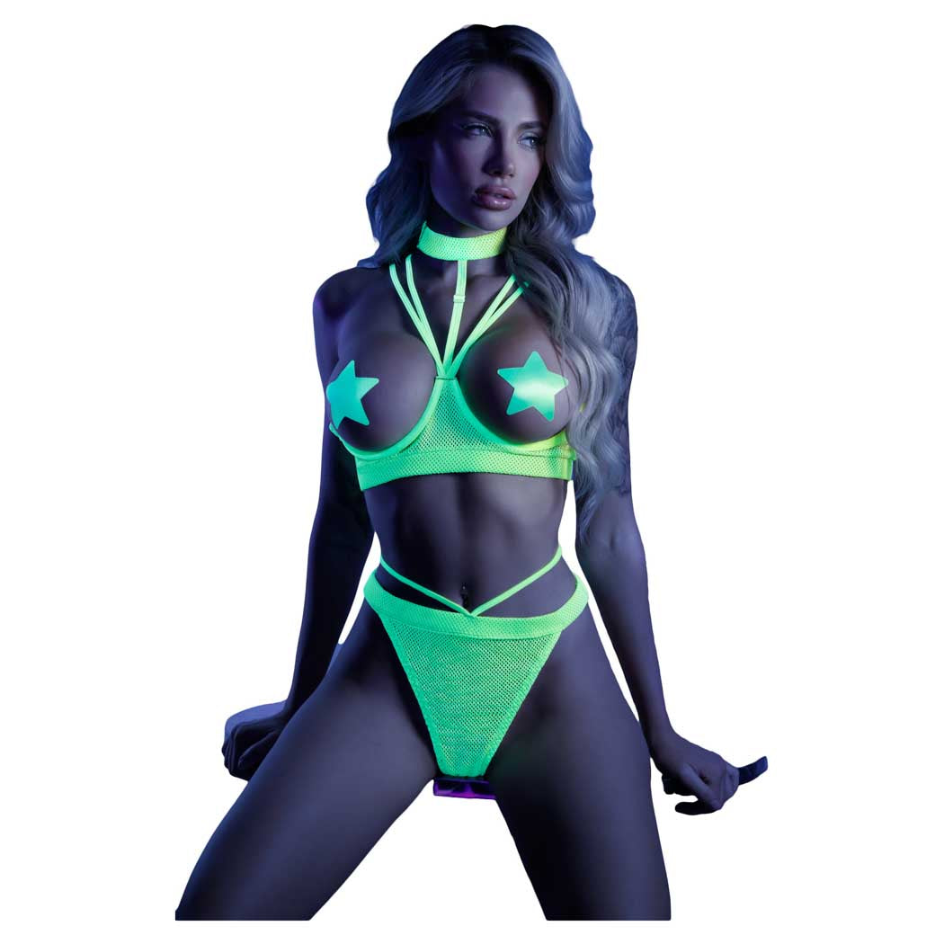 Fantasy Glow Double Take Cupless Bra Cage Thong Sm