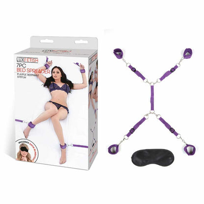 whole view of the lux fetish bed spreader kit (7 piece set) purple 7 elf1328-pur