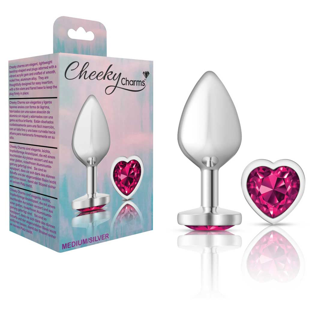 Cheeky Charms Butt Plug Silver Medium Heartbright Pink