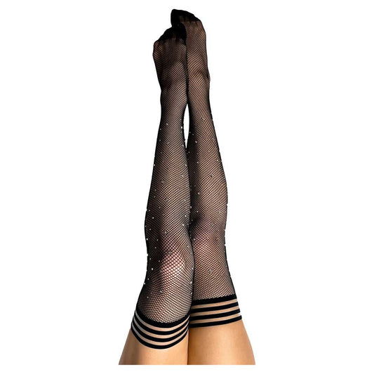 Kixies Angelica Black Fishnet Thigh Highs With Rhinestones A