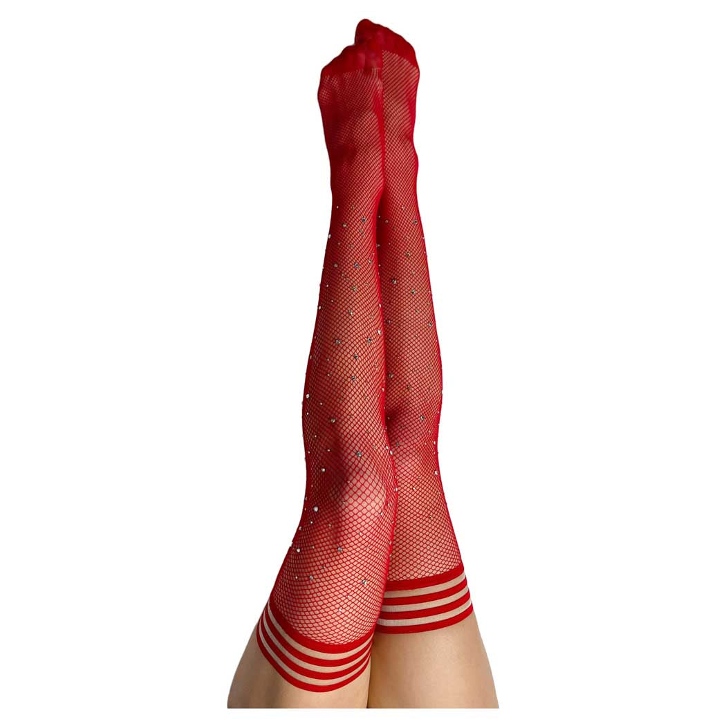 Kixies Joely Red Fishnet Thigh Highs With Rhinestones A