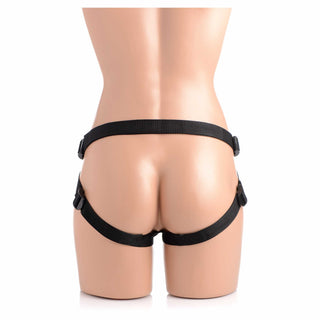 back view of the strap-u brazen silicone dildo with harness 8in vanilla xr-ag424