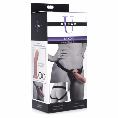 packaging of the strap-u brazen silicone dildo with harness 8in vanilla xr-ag424