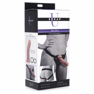 packaging of the strap-u brazen silicone dildo with harness 8in vanilla xr-ag424